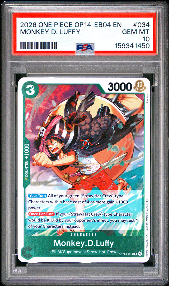 One Piece Op14 Eb04 The Azure Sea's Seven 034 Monkey D. Luffy PSA 10 GEM MINT