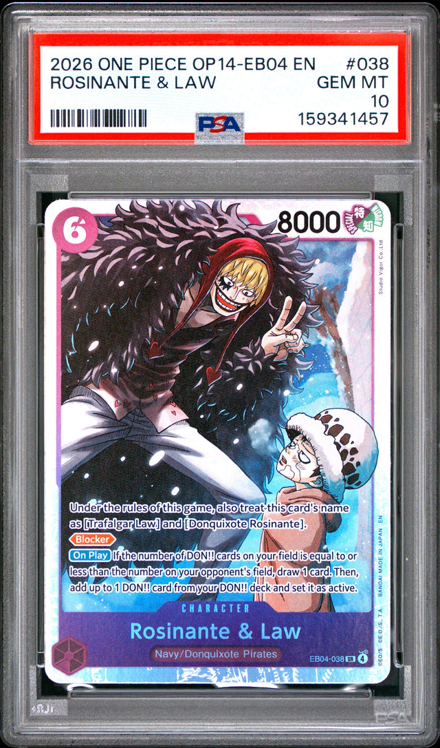 One Piece Op14 Eb04 The Azure Sea's Seven 038 Rosinante & Law PSA 10 GEM MINT